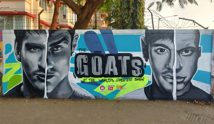 Artwork of football titans Lionel Messi, Cristiano Ronaldo, Neymar Jr. and Kylian Mbappé, Bandra, Mumbai