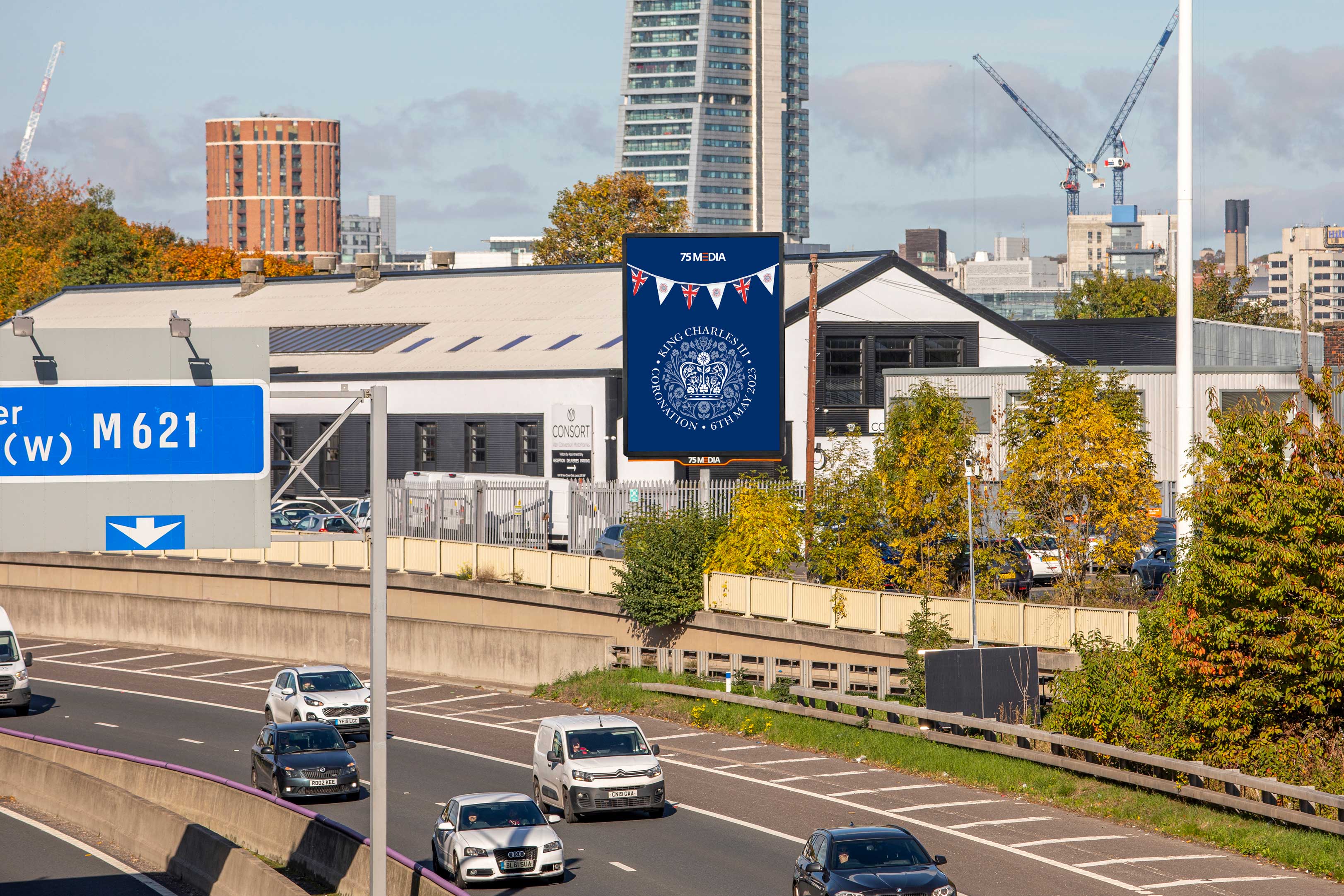 digital billboards, which will be displayed in prime locations across its UK-wide network will feature designs incorporating the official Coronation Emblem by 75Media