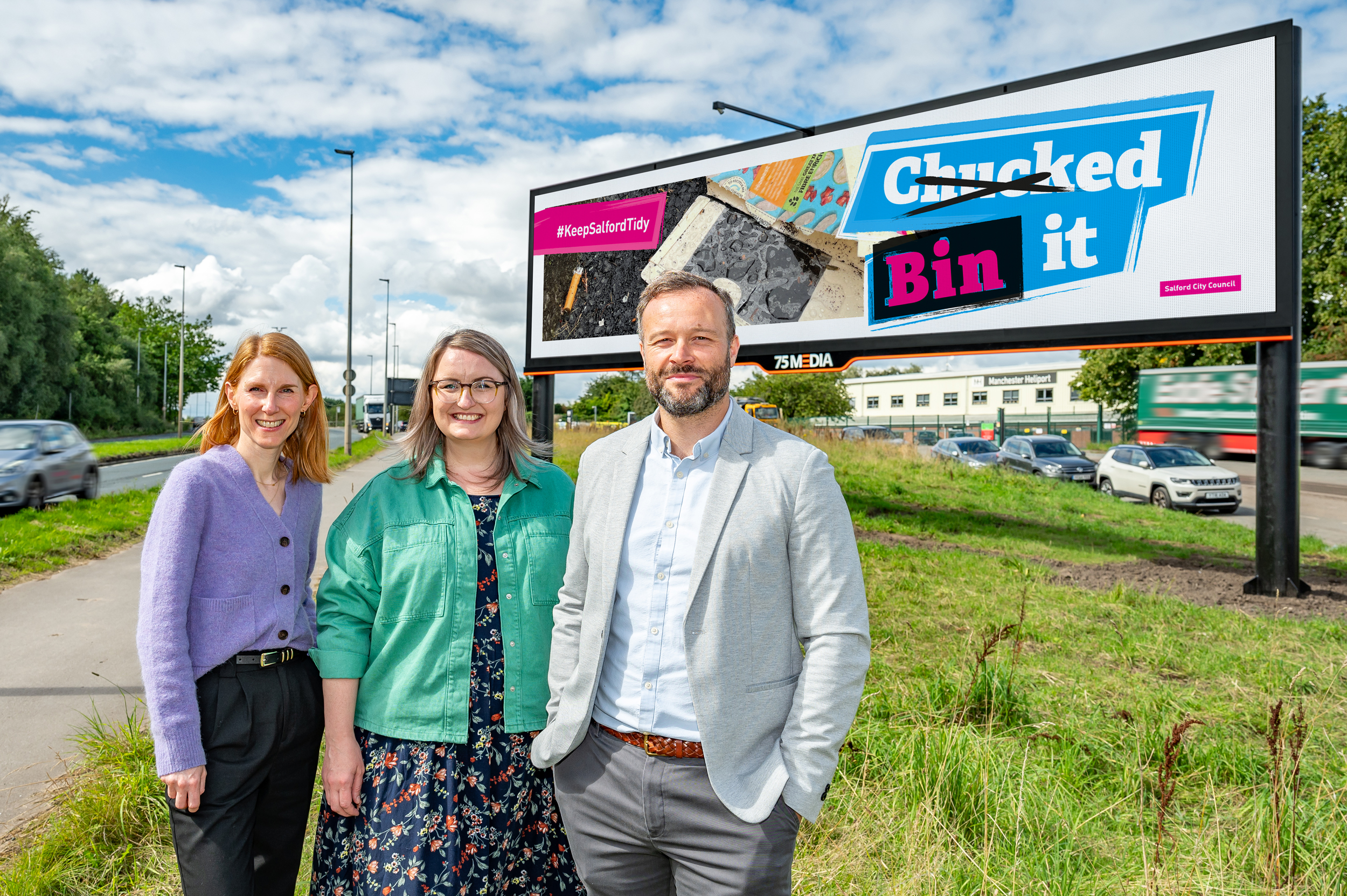 (L-R) Katy Conway, 75Media; Councillor Hannah Robinson-Smith, Salford City Council;  Mike Duty, Wildstone, at one of the new Salford digital billboard sites