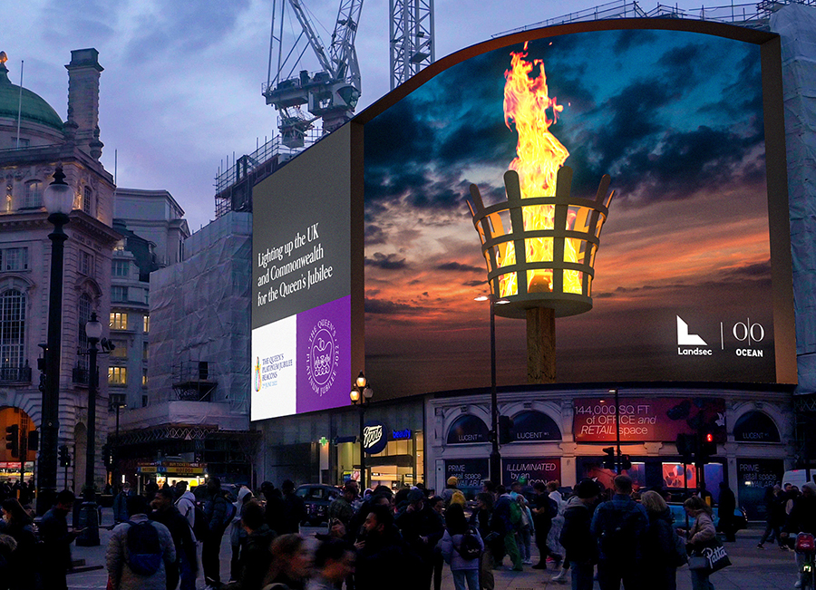 A mock-up to illustrate the virtual beacon as it will appear on the Piccadilly Lights (animation using 3D effect) on June 2