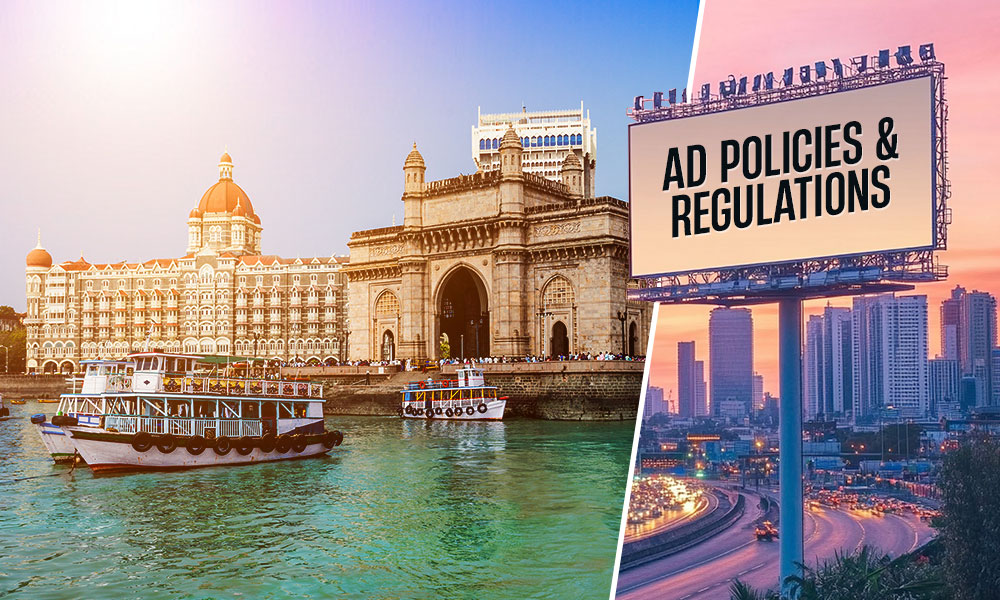 Split image of Mumbai's Gateway of India with the Taj Mahal Palace hotel and a billboard reading "AD POLICIES & REGULATIONS."