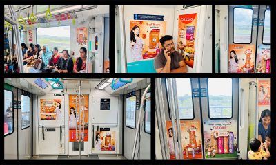 Collage of images showing Cuticura advertisements inside a metro train. The ads are placed on walls and doors, featuring product images and a woman promoting the brand. Passengers are seen sitting and standing near the ads.