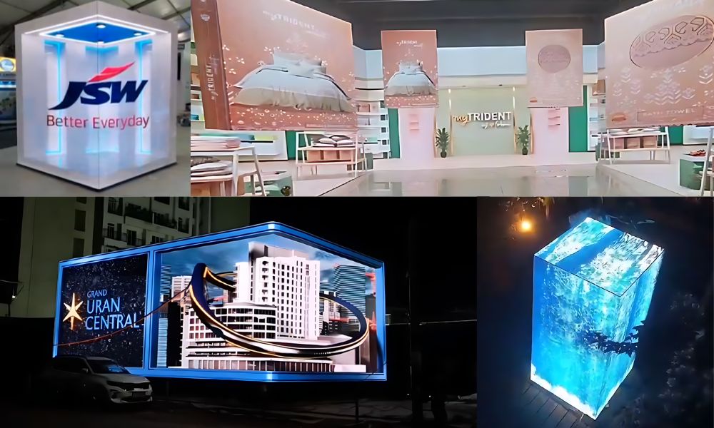 Collage of innovative 3D and LED billboards showcasing ads for brands like JSW, The Trident, and Grand Uran Central. The ads include eye-catching cube displays and large illuminated structures, demonstrating creative use of outdoor advertising.